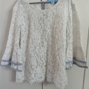 Draper James White Lace Blouse with Blue Trim